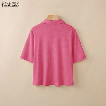 ZANZEA Women's Korean Elegant Waffle Shirt Turn-Down Collar Lace-Up Front Short Sleeve Tops Summer Casual Loose Chemises Femme
