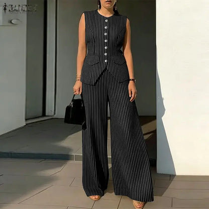 Fashion Summer Pant Sets 2026 ZANZEA Women Sleeveless Vest Tops Trousers Suit Striped Outfits Stylish OL Work Suit 2 Pieces Sets