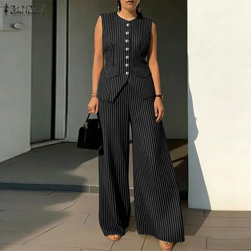 2026 ZANZEA Summer Striped Pant Sets Office Women Outfit Elegant Sleeveless Vest Tops Trousers 2 Piece Sets Stylish OL Work Suit
