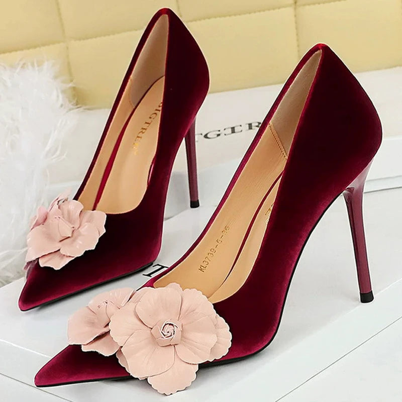 Fashiona High Heels 9.5 cm Color Blocked Flowers Women Pumps Thick Suede Elegant Banquet Shoes Stilettos Heeled Shoes Woman 2026
