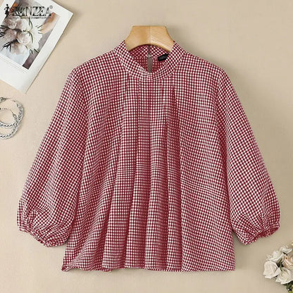 ZANZEA Vintage Gingham Pleated Blouses Woman Mock Neck 3/4 Lantern Sleeves Loose Tops 2026 Autumn Casual Daily Wear Blusas Mujer