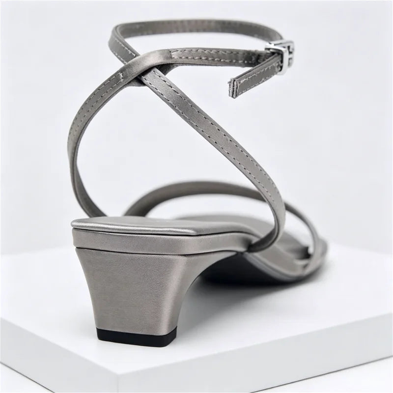 Elegant Square Toe Ankle Strap Heeled Sandals Women Sexy Peep Toe Low Wide Heel Summer Shoes Cozy Satin Designer Shoes for Women
