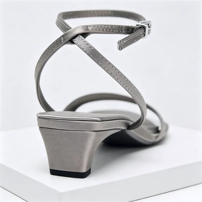 Elegant Square Toe Ankle Strap Heeled Sandals Women Sexy Peep Toe Low Wide Heel Summer Shoes Cozy Satin Designer Shoes for Women