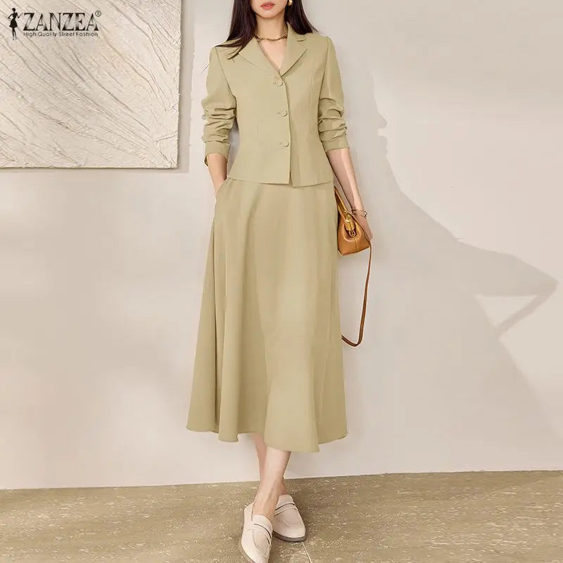 2026 ZANZEA Spring Lapel Neck Long Sleeve Shirt Dress Sets Office Women 2 Pieces Sets Stylish Solid OL Outfits A Line Skirt Suit