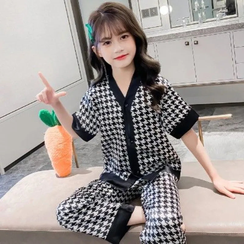 Girls Summer Ice Silk Pajamas Set Short Sleeve Princess Style Cooling Homewear for Kids