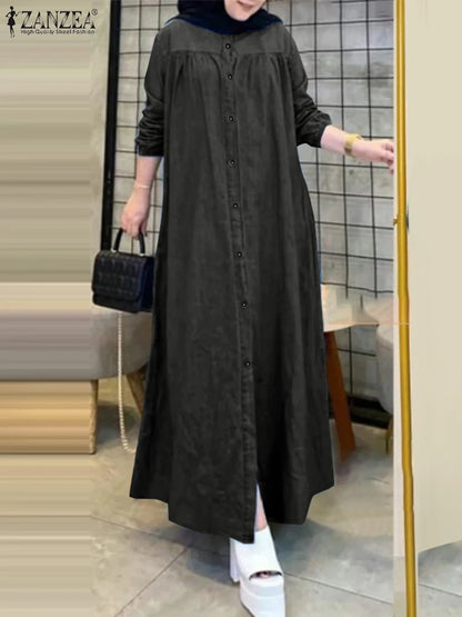 ZANZEA Ramadan Hijab Dresses Muslim Abaya Robe Femme Casual Long Sleeve Kaftan IsIamic Vestidos Women Denim Blue Maxi Dress 2025