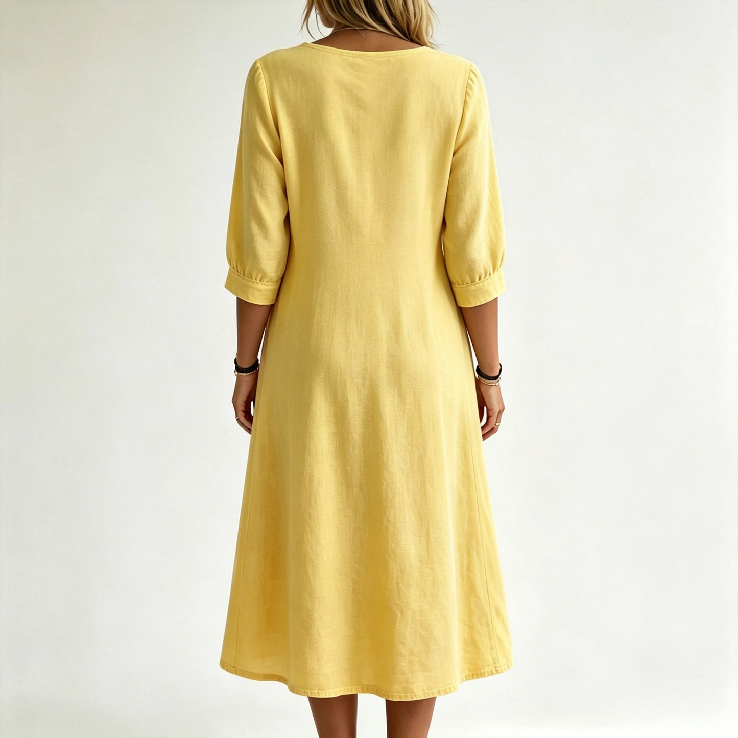 Women Summer Casual Loose V Neck Lace Splicing Midi Dress, Solid Three Quarter Sleeve Breathable Daily Vacation Dress