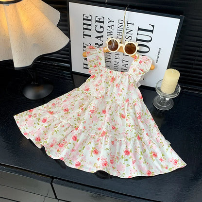 2026 Summer Girls Flutter Sleeve Dress Kids Printed Tiered Princess Dresses for 1-12Y Children Vacation Clothes