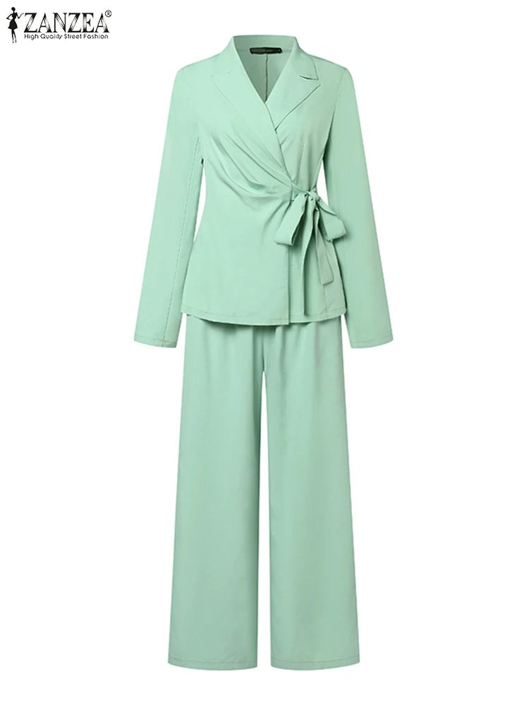2023 ZANZEA Women Suit Autumn 2CPS Long Sleeve Lapel Blouse Causal Wide Leg Pants Sets Elegant Lady Office Blazer Matching Sets