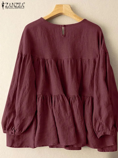 ZANZEA Summer Woman Breathable Cotton Blouses Long Sleeves O-Neck Tiered Tops Solid Color Casual Loose Blusas de Mujer 2026