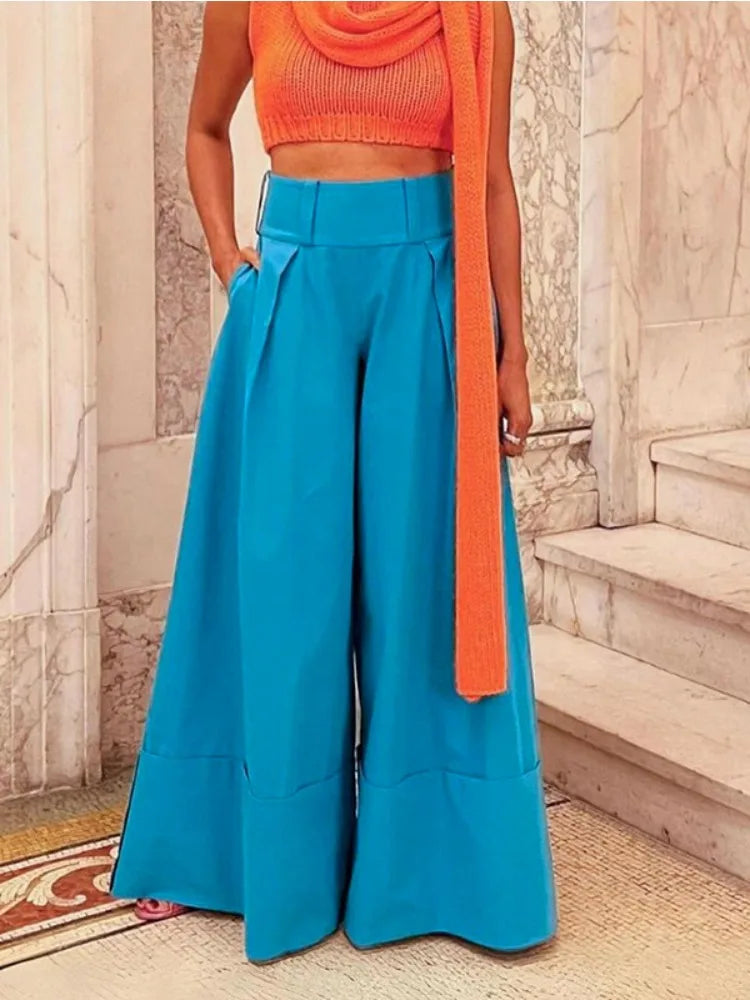 Women's Solid Color High-Waisted Cuffed Wide Leg Pants 2026 Summer Fashion Loose Fit Vacation Trousers Casual Full Length Pants