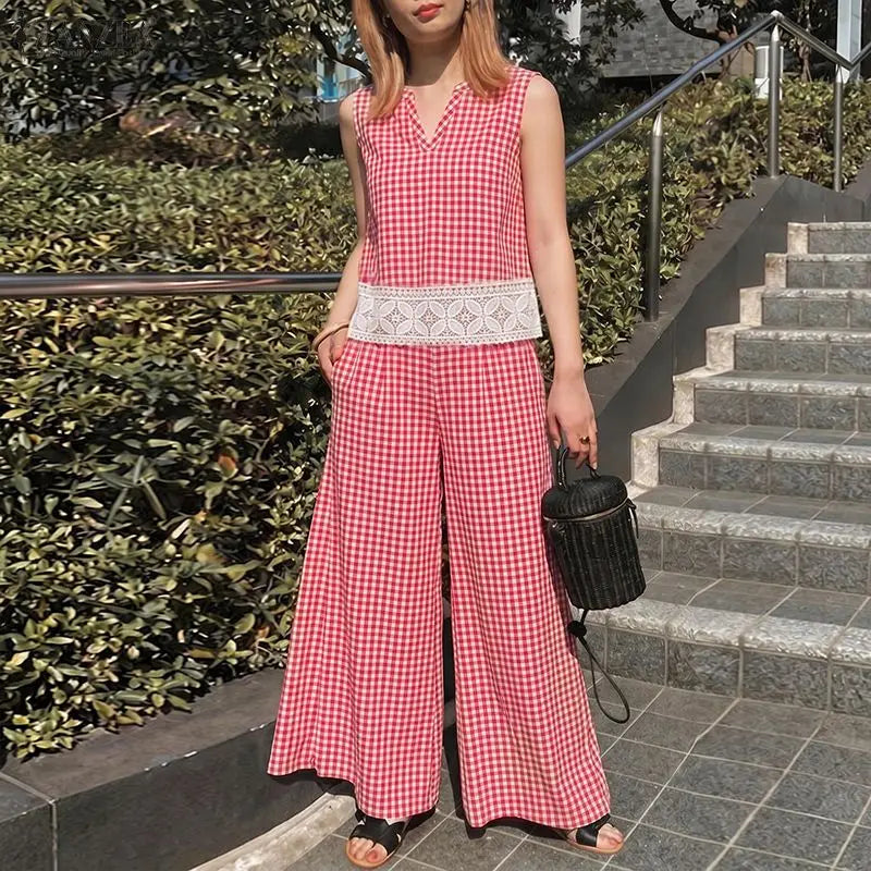 Summer 2PCS Outfits Stylish Women Plaid 2 Pieces Sets ZANZEA V Neck Sleeveless Tanks Tops Wide Leg Pant Sets Elegant Tracksuit