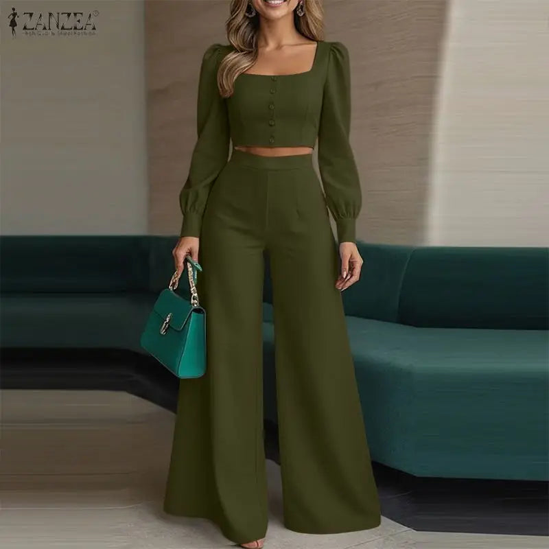 ZANZEA Fashion Autumn Outfits Street Women 2 Pieces Sets Square Neck Long Sleeve Crop Top & Wide Leg Pant Suit Work Matching Set