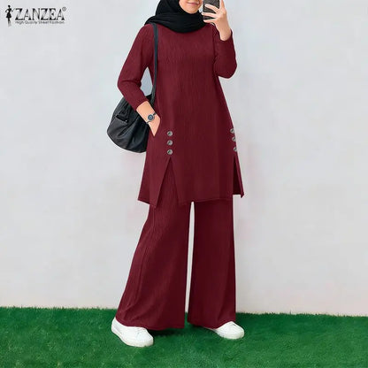 Ramadan Outfit 2026 ZANZEA Fashion Muslim Suit Women 2 Piece Sets Full Sleeve Long Tops Wide Leg Pant Sets Dubai Hijab Tracksuit