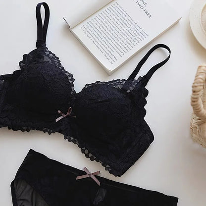 Japanese Style Lace Bra Set Women Small Bust Push Up Lift Adjustable Anti Sagging Side Support No Gap Wirefree Luxury Comfort AB