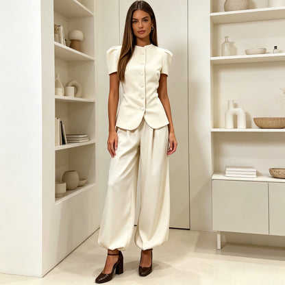 Women Pant Set Two Piece Sets Round Neck Short Sleeve Coats Tops Wide Leg Long Pants High Waist Y2k Streetwear Elegant 2026