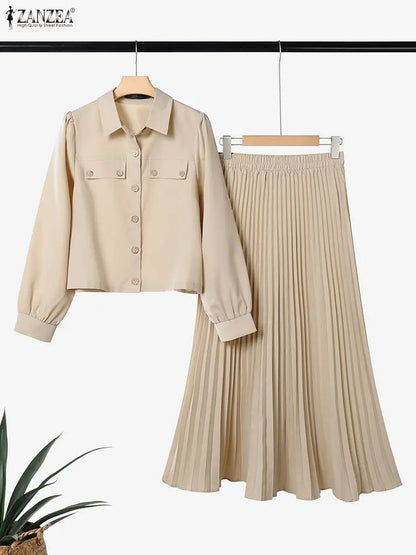 ZANZEA 2026 Spring Fashion Long Sleeve Dress Sets Office Matching Sets Women Outfits Elegant OL Work Skirt Suit Solid Tracksuit