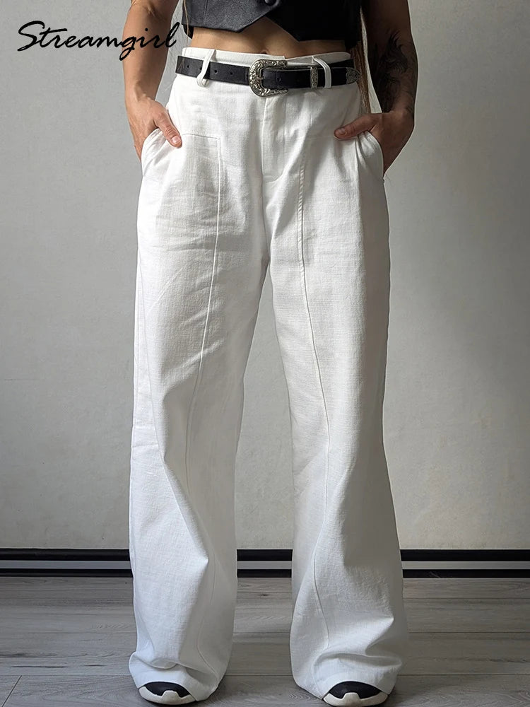 Summer White Pants For Women Cotton Formal High Waist Wide Leg Trousers Ladies Elegant Summer Women's Pants Straight Leg Office