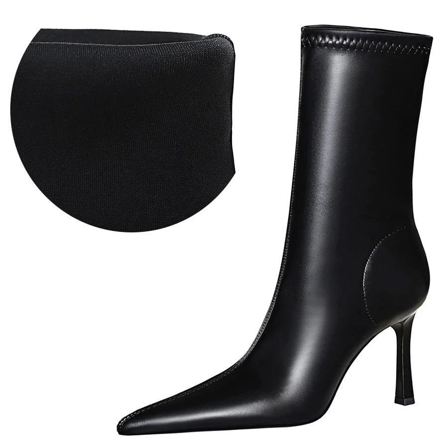 BIGTREE Shoes Ladies' Leather Boots Pointed End Women Ankle Boots Stiletto Heels Ladies Shoes Autumn Winter Shoes Short Boots