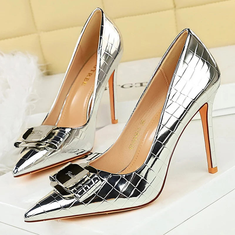 BIGTREE Shoes Metal Buckle Design Women Pumps Patent Leather High Heels 10 Cm Luxury Wedding Shoes Stilettos Sexy Party Shoes