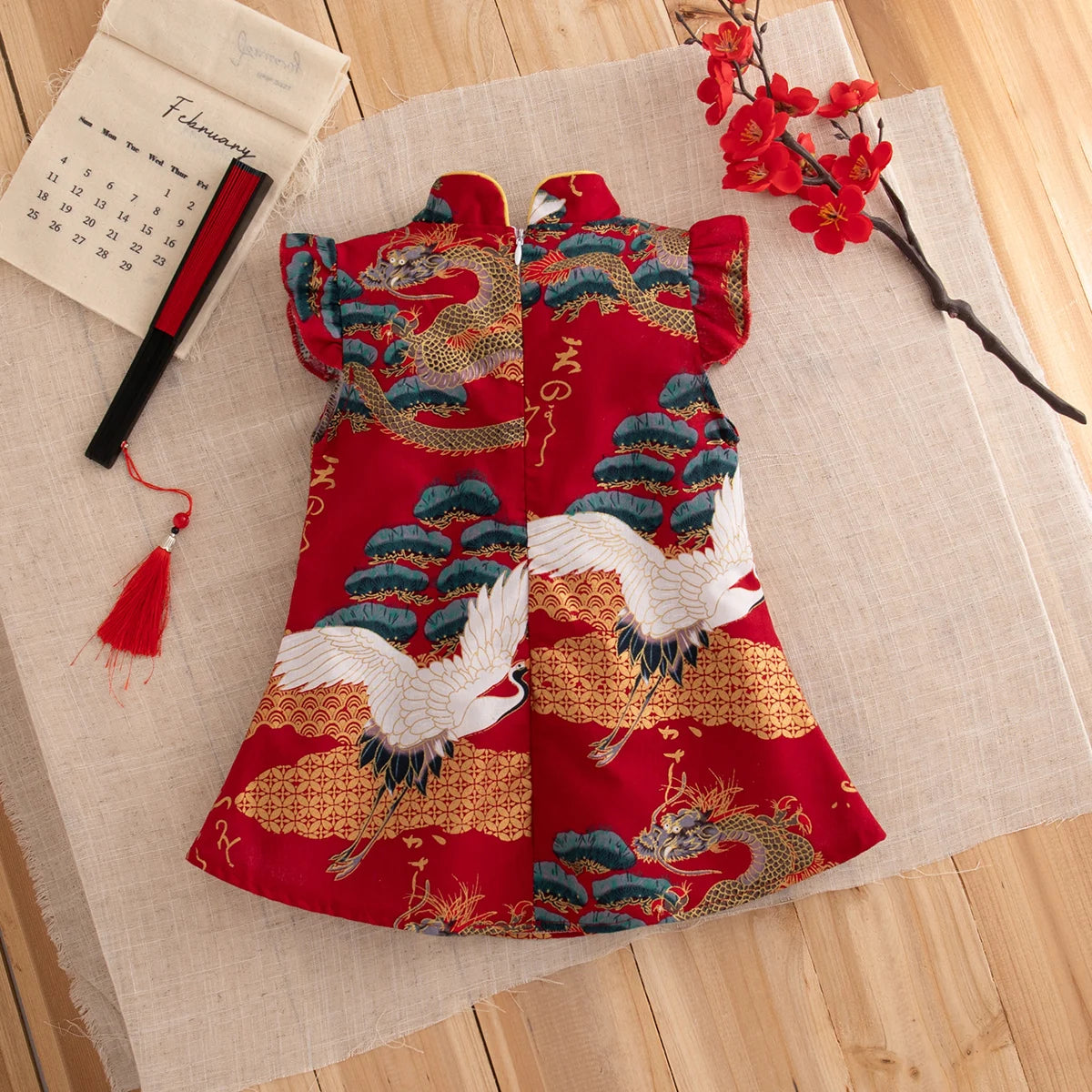 Baby Cheongsam Summer Chinese Style Print Fly Sleeve Cotton Red Qipao Toddler Girl Dress 0-2 Years