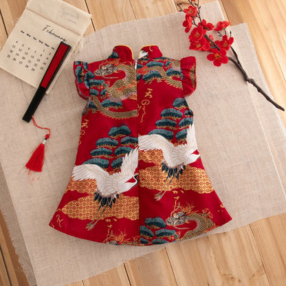 Baby Cheongsam Summer Chinese Style Print Fly Sleeve Cotton Red Qipao Toddler Girl Dress 0-2 Years