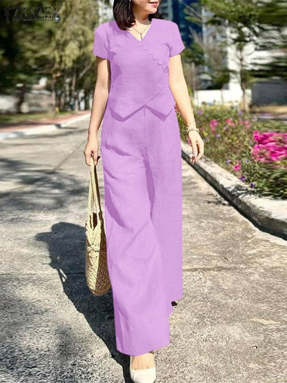 Women Pant Sets 2024 ZANZEA Summer V-neck Short Sleeve Tops Trousers Suits Casual 2PS Solid Work Outfits Fashion OL Tracksuits