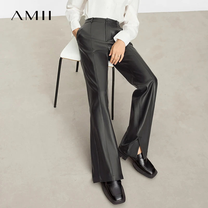 AMII Minimalist PU Leather Casual Pants for Women 2025 Autumn New Loose Floor Length Straight Slit Female Trousers 12343250