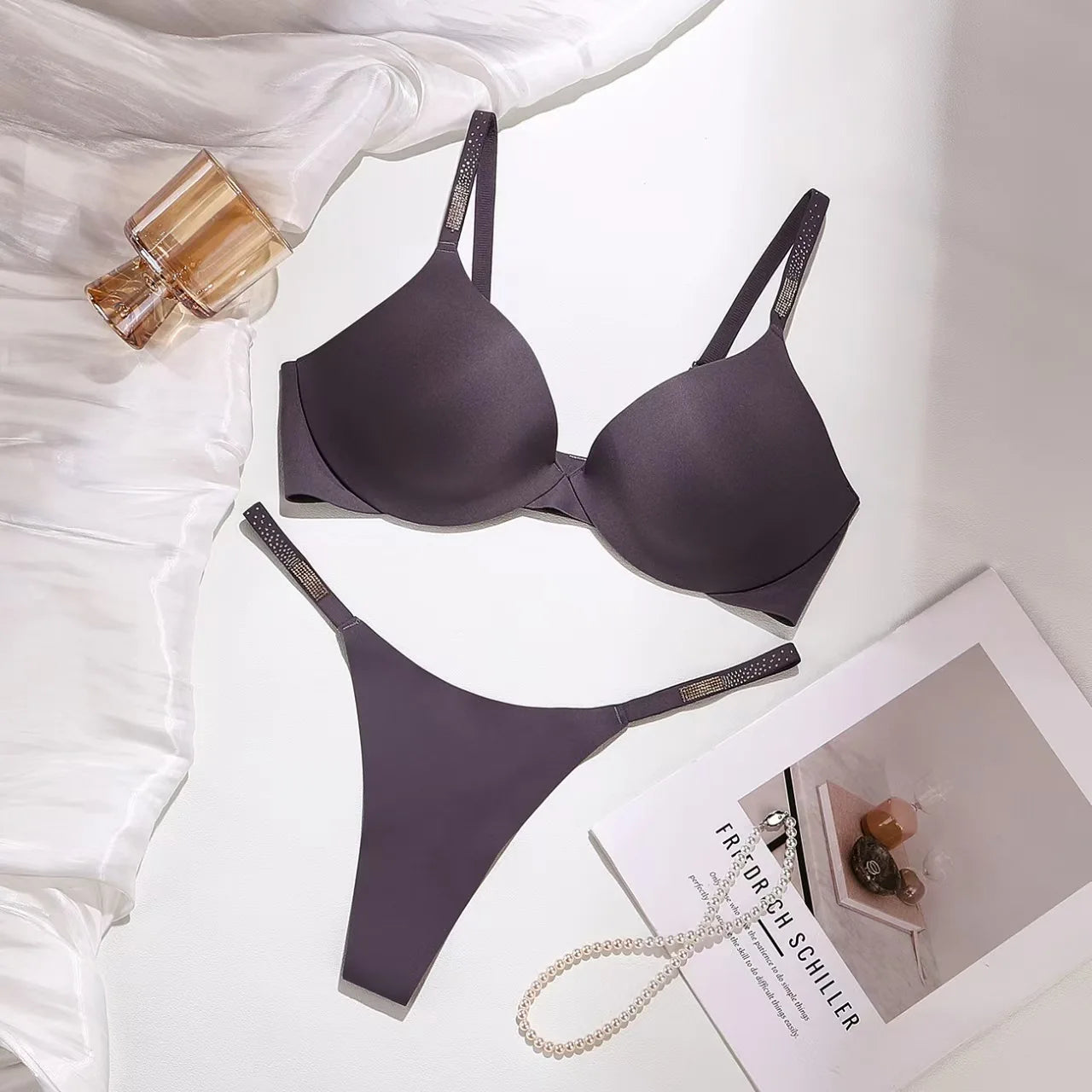Rhinestone Sexy Bra Set Bralette Girls Underwear Brassiere Fashion Thong Gather Bras Lingerie Panty Sets
