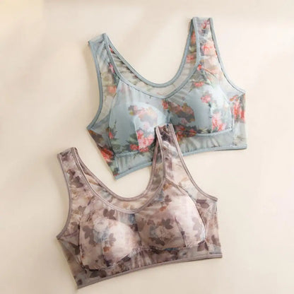 Mid-aged Women Bra Mesh Thin Plus Size Floral Print Wide Shoulder Strap Anti-snagging Push Up Seamless Mother Bra 90%
