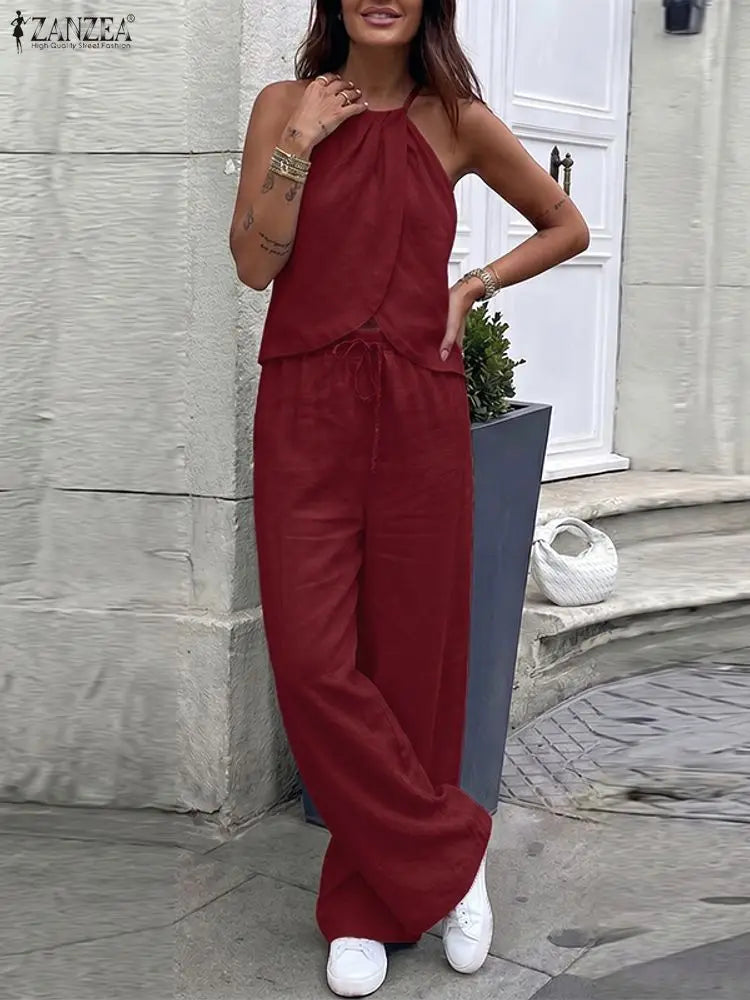 ZANZEA Women's Streetwear 2 Pieces Pant Sets 2026 Summer Fashion Sleeveless Halter Tops & Elastic Waist Pants Suits 2PCS Outfits