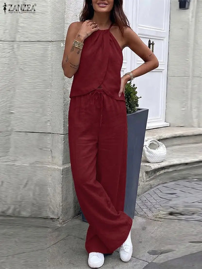 ZANZEA Women's Streetwear 2 Pieces Pant Sets 2026 Summer Fashion Sleeveless Halter Tops & Elastic Waist Pants Suits 2PCS Outfits