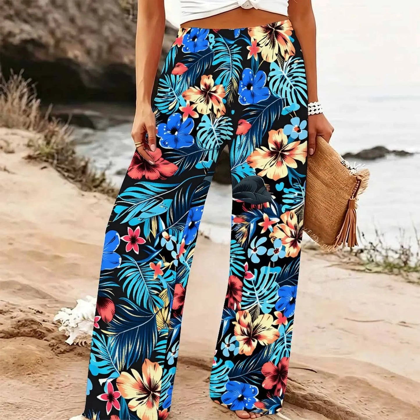Women's Summer Beach Wide Leg Trousers Floral Print Elastic High Waist Loose Fit Casual Vacation Palazzo Pants