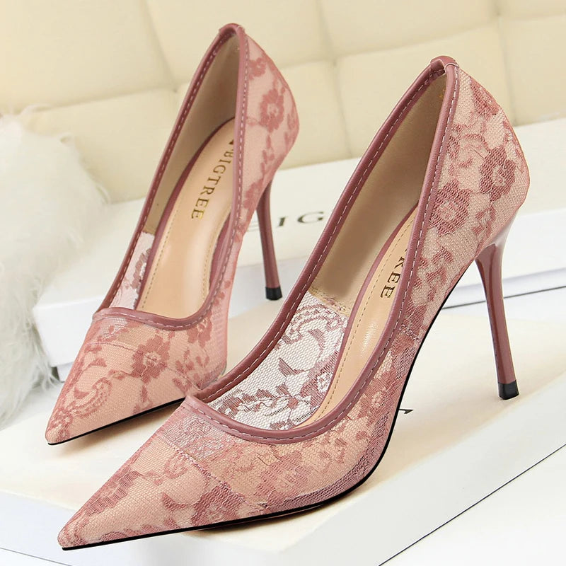 BIGTREE Shoes Mesh Hollow Lace Women Pumps Sexy Party Shoes High Heels Wedding Shoes Lace Stiletto Heels 9 cm Ladies Shoes 2026