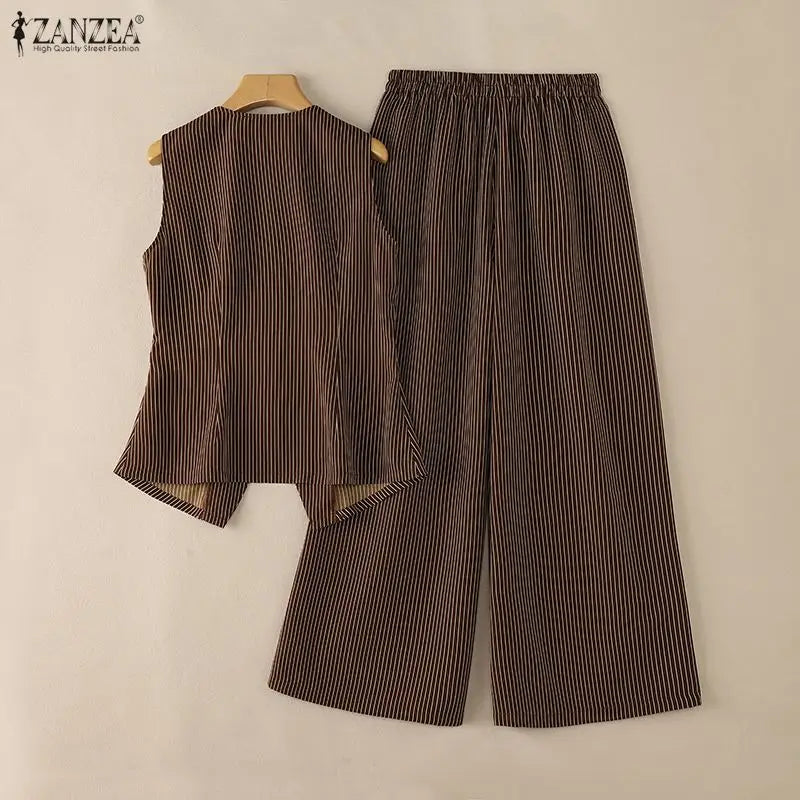 2026 ZANZEA Summer Striped Pant Sets Office Women Outfit Elegant Sleeveless Vest Tops Trousers 2 Piece Sets Stylish OL Work Suit