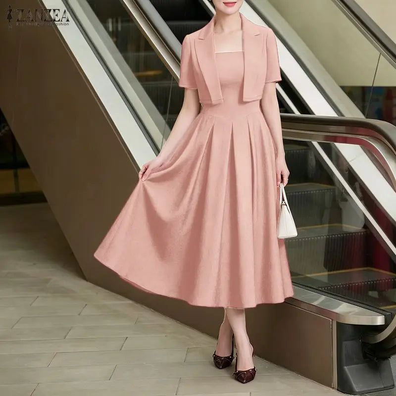 ZANZEA Women's Elegant Satin Dress Sets Sleeveless Pleated Maxi Dress & Short Sleeve Cropped Jackets 2 Piece Sets Fashion Outfit