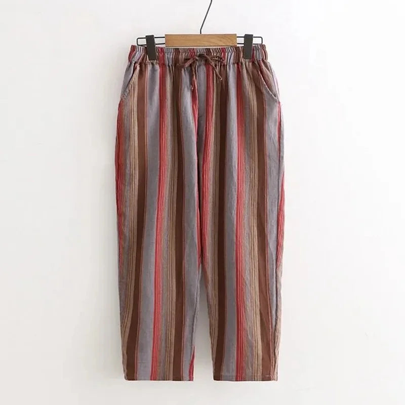 Striped Vintage Elastic High Waist Lace Up Cotton Linen Women's Pants Korean Fashion Wide Leg Ankle-Length Pants For Women 2024