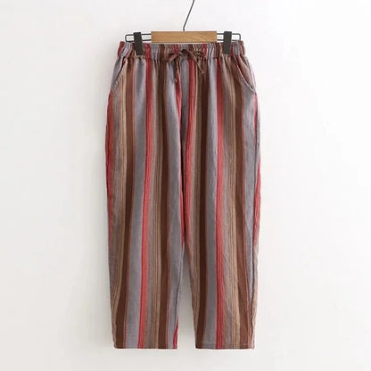 Striped Vintage Elastic High Waist Lace Up Cotton Linen Women's Pants Korean Fashion Wide Leg Ankle-Length Pants For Women 2024