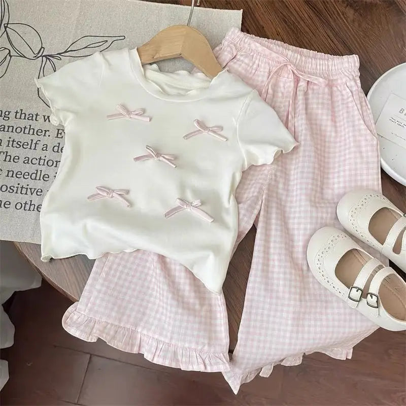 1Set Summer Girls Bow Outfit Baby Infant T-shirt+Pant Set Kids Princess Sweet Short Sleeve Set Children Wide Leg Grid Pants Suit