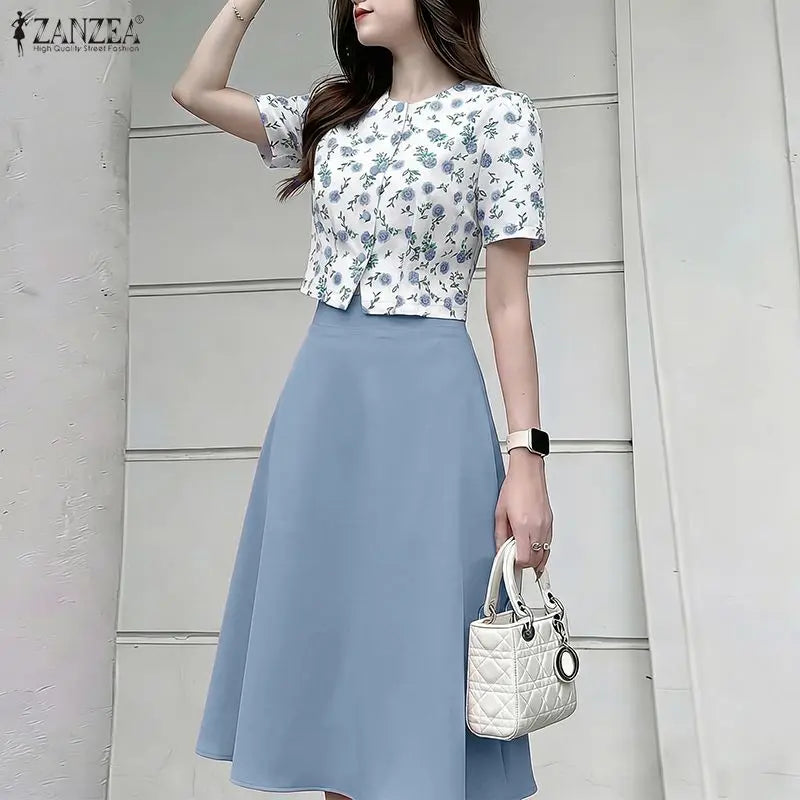 ZANZEA Elegant Fashion Women's Skirt Suits Floral Crop Tops & A-line Midi Skirts 2 Pieces Sets Summer Female Date Night Outfits