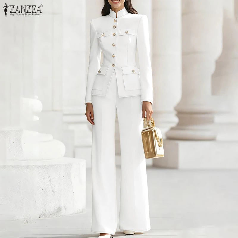 ZANZEA Women's Elegant Pant Suits Vintage Stand Collar Long Sleeve Top & Casual Pant 2 Pieces Sets Commuting Work Wear Outfits