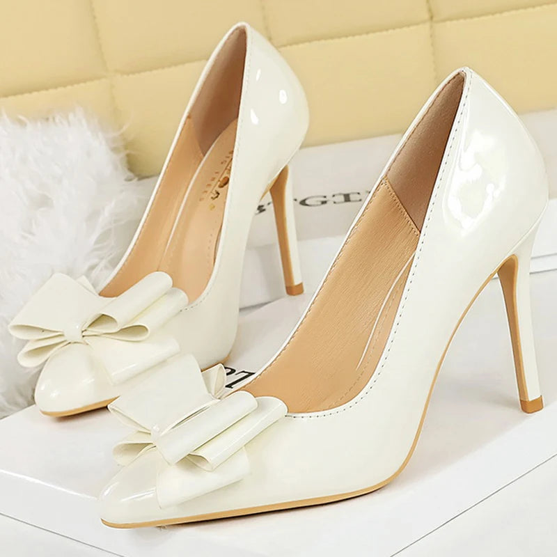 BIGTREE Shoes Bowknot Women Pumps Patent Leather High Heels 10 CM Stilettos Fashion Wedding Shoes Women Heels Large Size 42 43