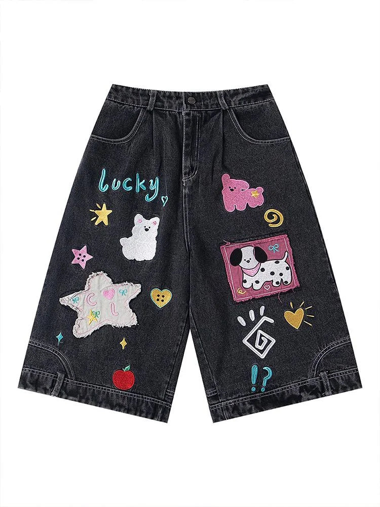 New Summer Cartoon Embroidery Patch Women Casual Loose Medium Pants Harajuku Gothic Black Men and Women Shorts