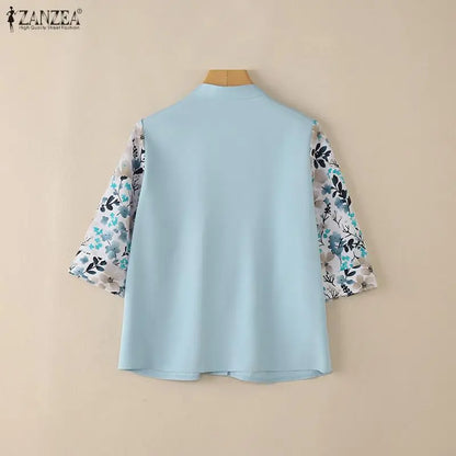 ZANZEA Elegant Floral Printed 3/4 Sleeve Shirts Women Fashion Stand Collar Button Up Pintuck Patchwork Blouses Spring Woman Tops