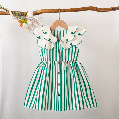(5120) Little Girls' Summer Fresh and Energetic Multi-Colored White Striped Dress with Doll Collar and Bow Embroidery, in a Retro Cute Style, Suitable for Amusement Parks, Theme Parties, Vacations, and Gatherings.