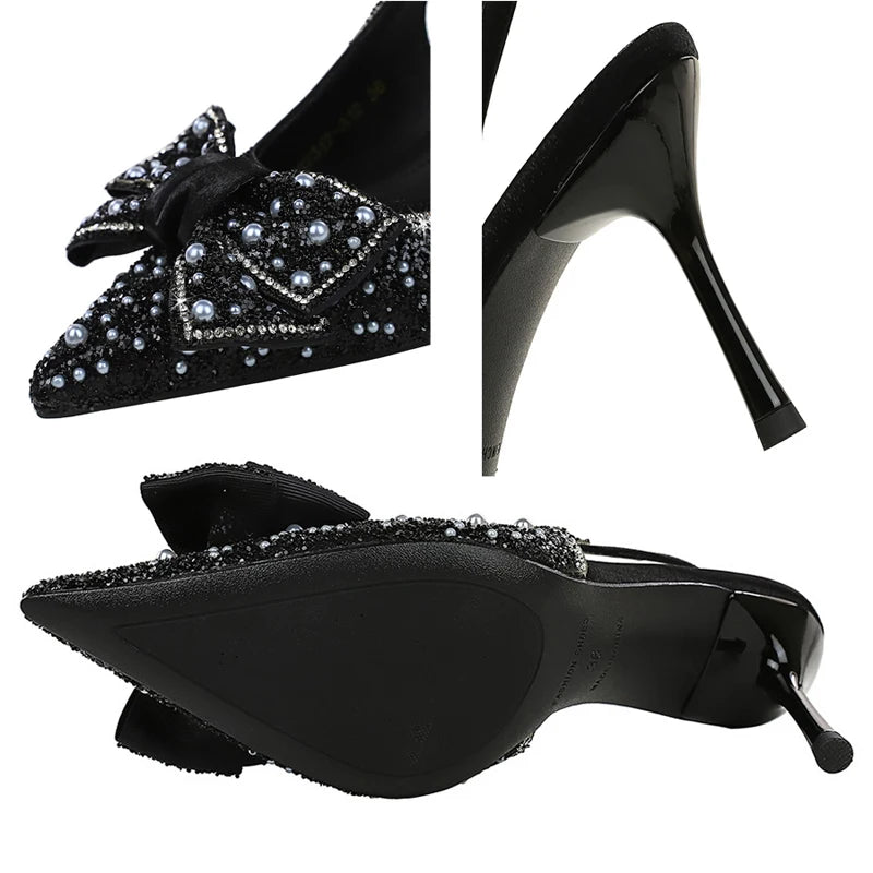 BIGTREE Shoes Sequin Fabric Women Pumps Bowknot Woman Heels Luxury Banquet Shoes Stiletto 8 cm High Heels Summer Heeled Sandals