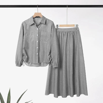 ZANZEA Muslim Hijabs Women's Striped Skirt Suits Long Sleeve Shirt & A-Line Maxi Skirt 2 Pieces Sets Islamic Woman 2pcs Outfits