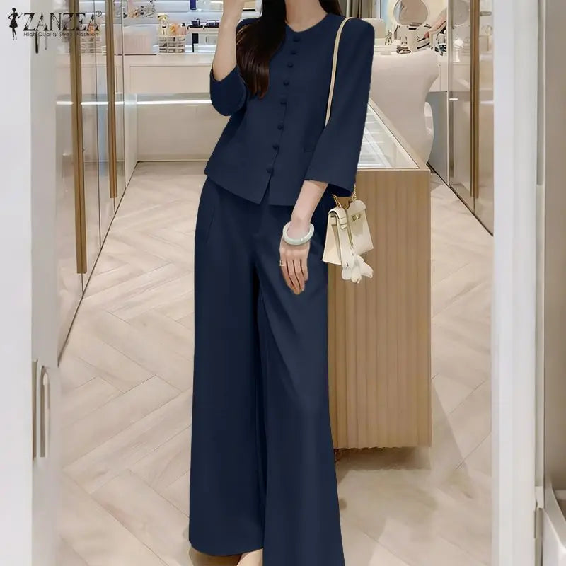 ZANZEA Fashion Women Pant Sets Spring 2 Pieces Sets Outfits 3/4 Sleeve Shirt Wide Leg Trousers Elegant Solid OL Work Tracksuit