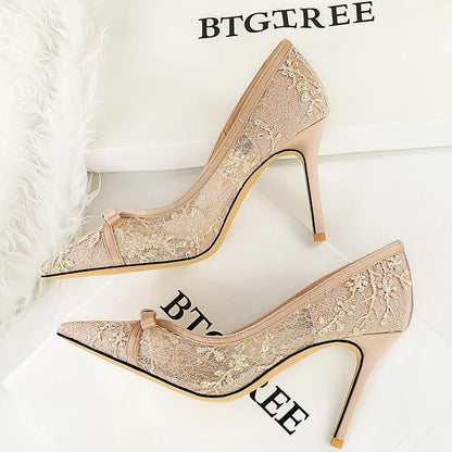 BIGTREE Shoes Women 9.5 Cm Heels Lace Mesh Women Pumps Bowknot High Heels Stiletto Sexy Party Shoes Fashion Lady Wedding Shoes