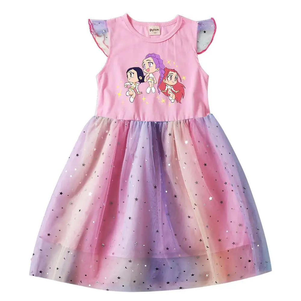 K-Pop Hunters Rumi Baby Girls Dress Children Cartoon Mesh Star Sequins Princess Dress Kids Flying Sleeve Skirt For Birthday Gift